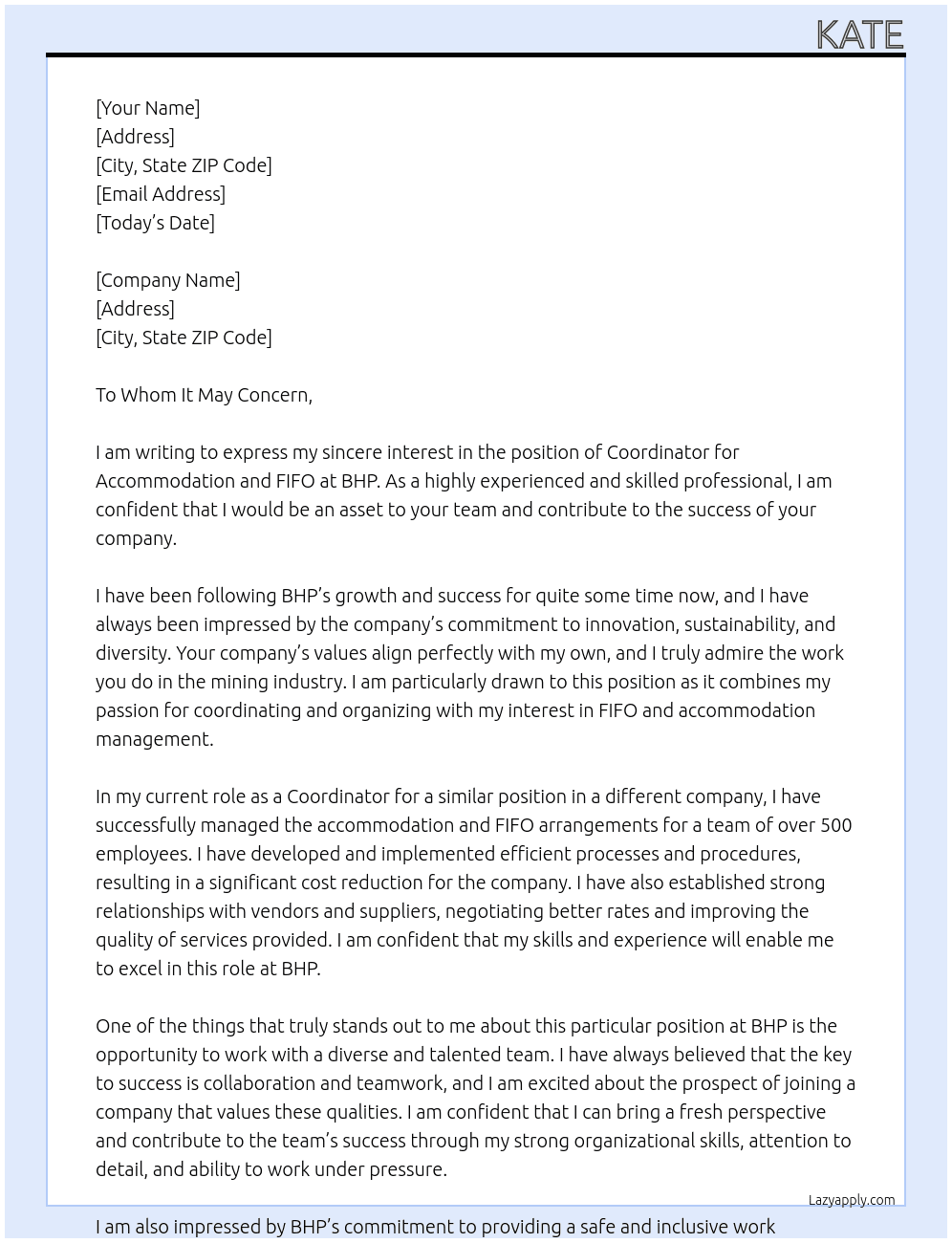 Coordinator Accommodation and FIFO At BHP Cover Letter