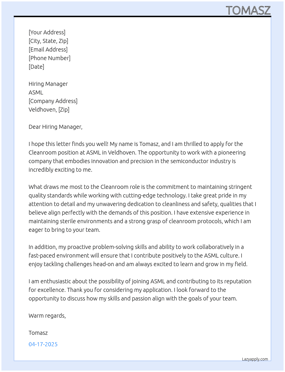 Cover letter for cleanroom - LazyApply