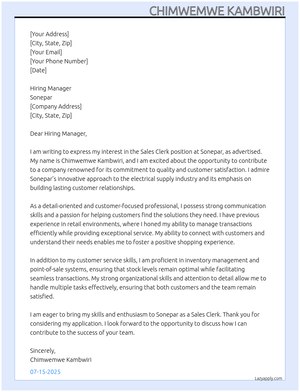 Sales clerk At Sonepar Cover Letter