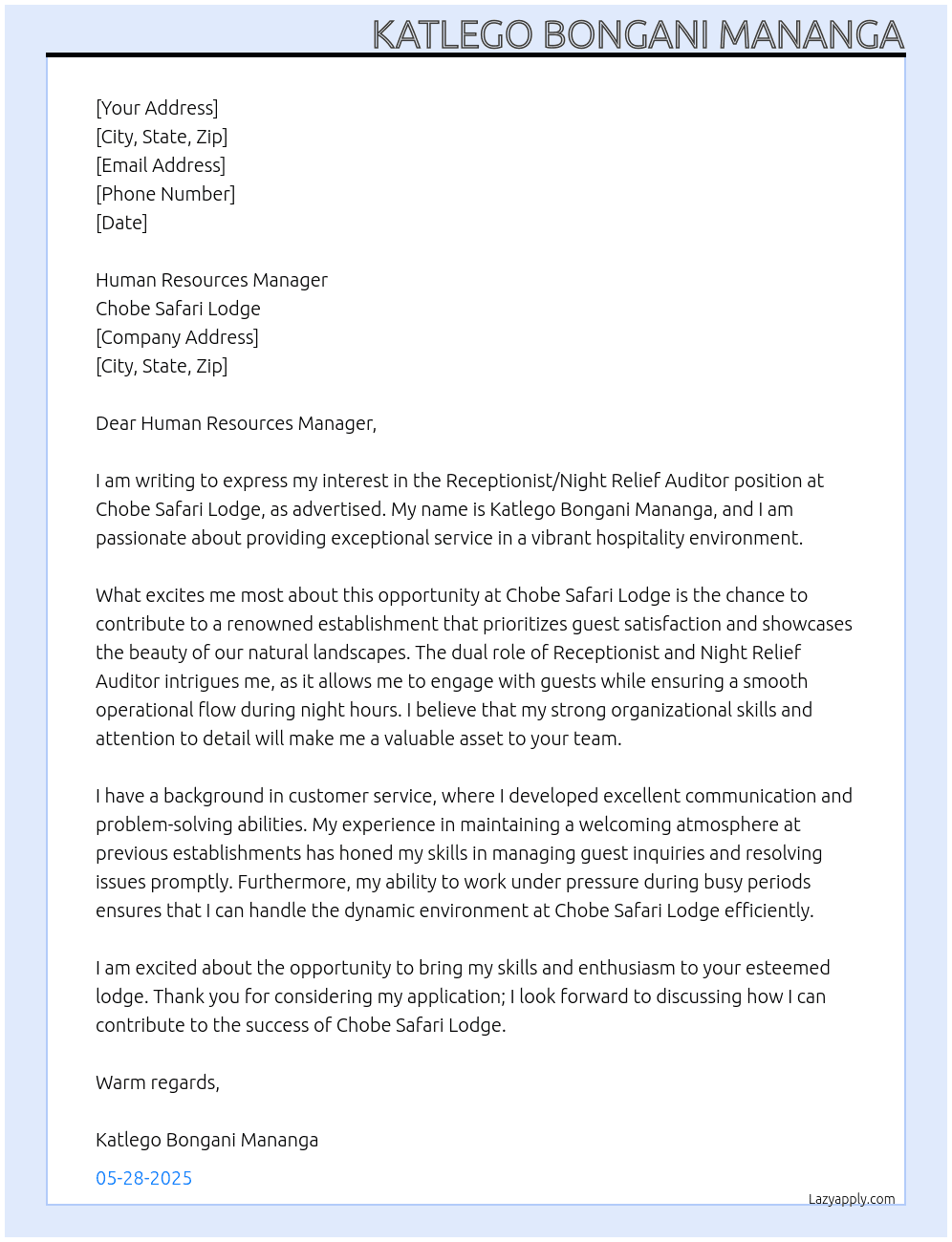 RECEPTIONIST/NIGHT RELIEF AUDITOR At Chobe safari Lodge Cover Letter
