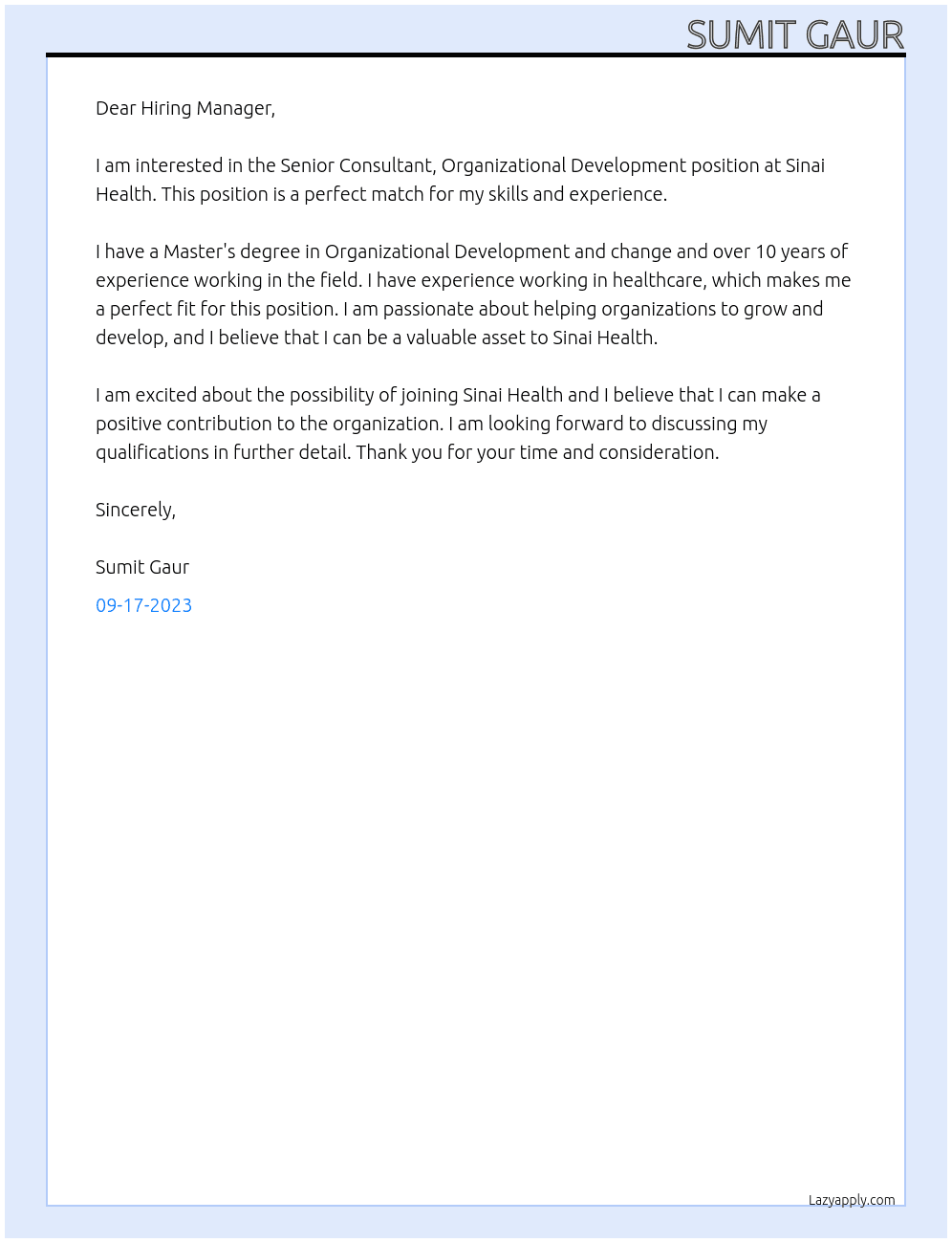 Senior Consultant, Organizational Development At Sinai Health Cover Letter
