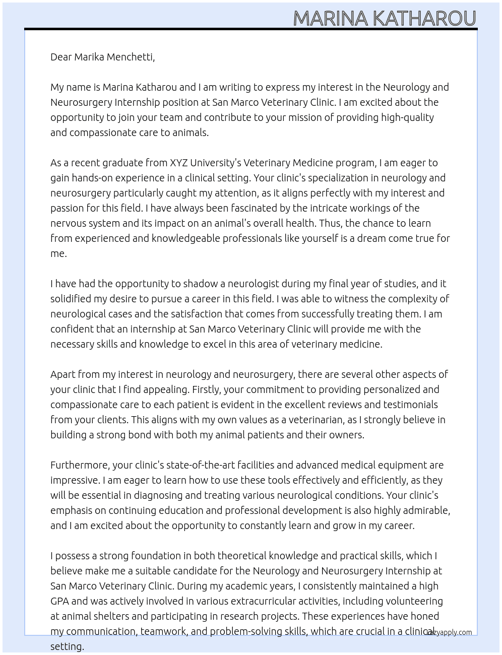 Neurology and Neurosurgery Internship At san marco veterinary clinic Cover Letter