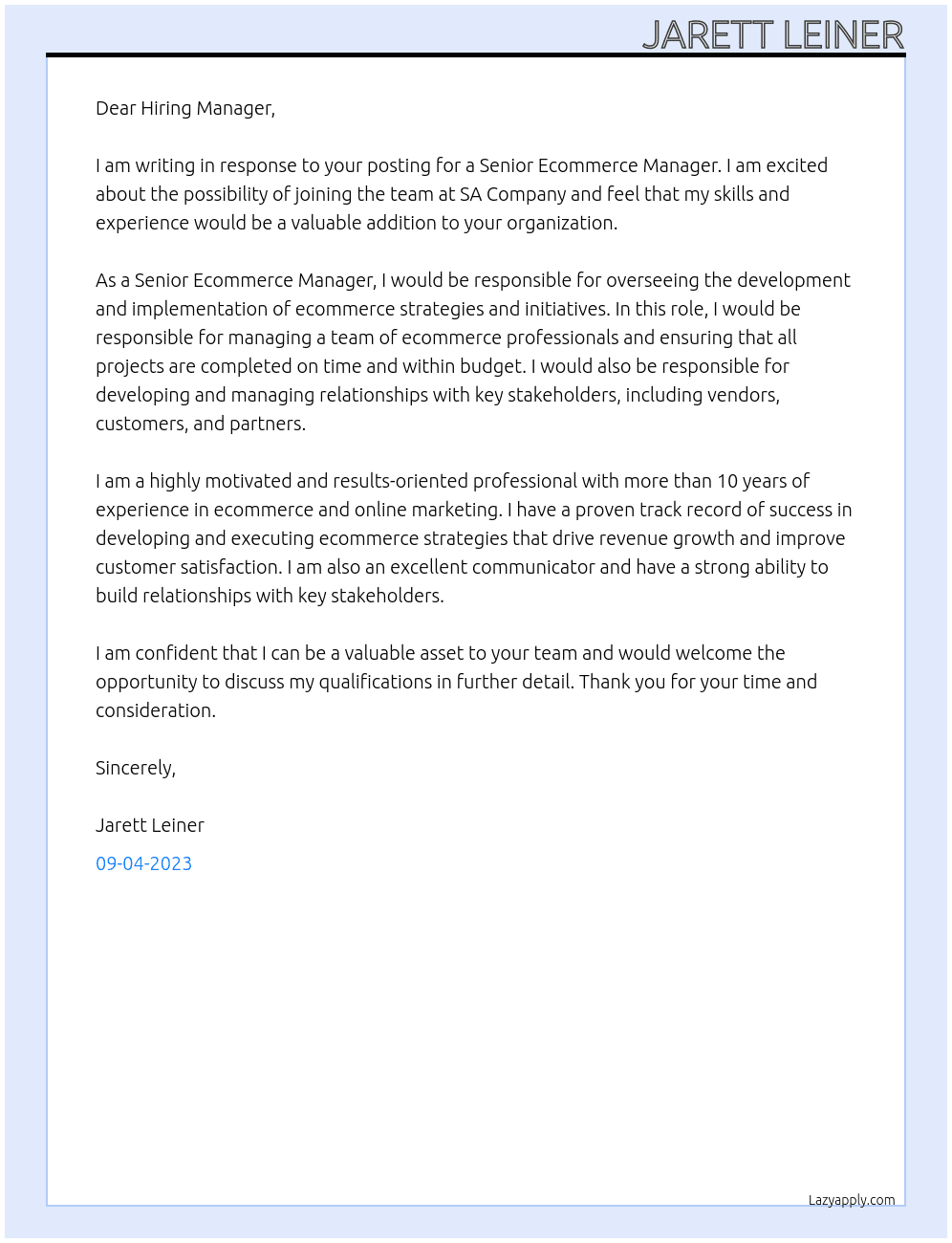 Senior Ecommerce Manager At SA Company Cover Letter