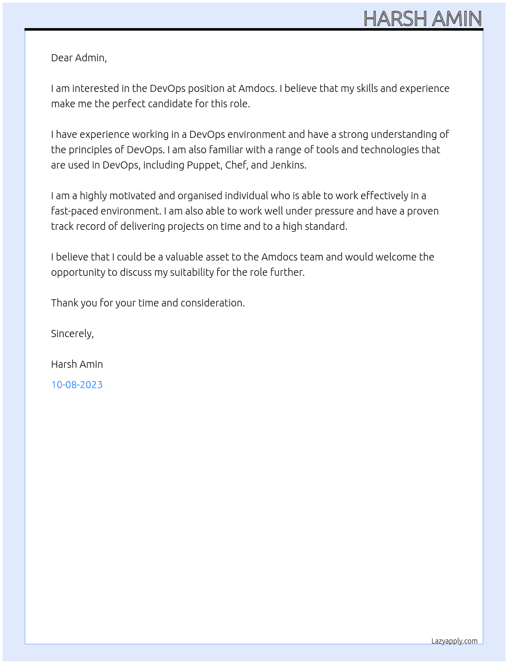 DevOps At Amdocs Cover Letter