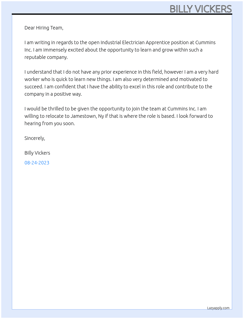 Industrial Electrician Apprentice  At Cummins Inc  Cover Letter