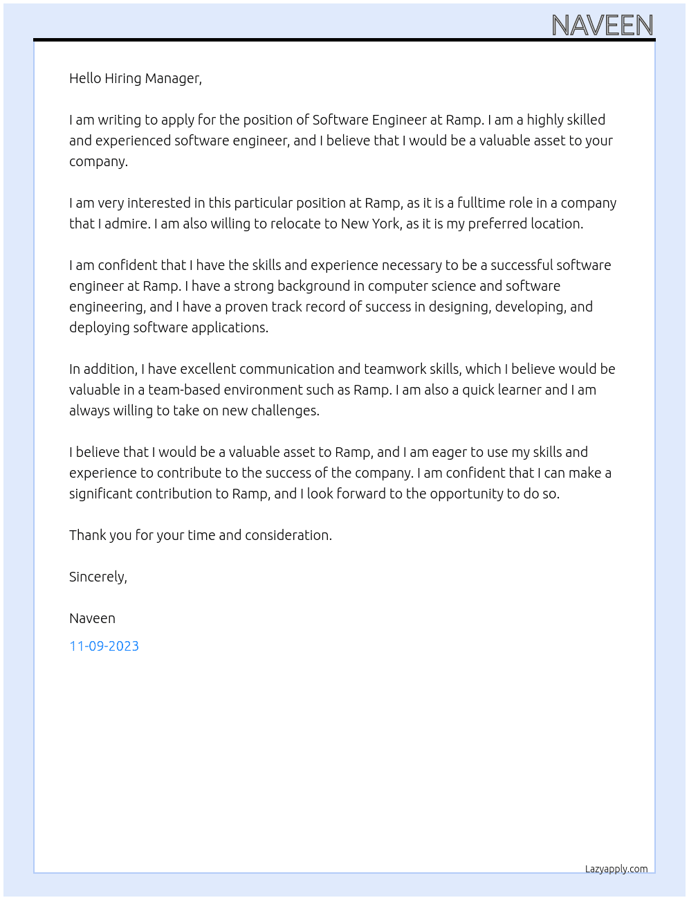 Software Engineer At Ramp Cover Letter