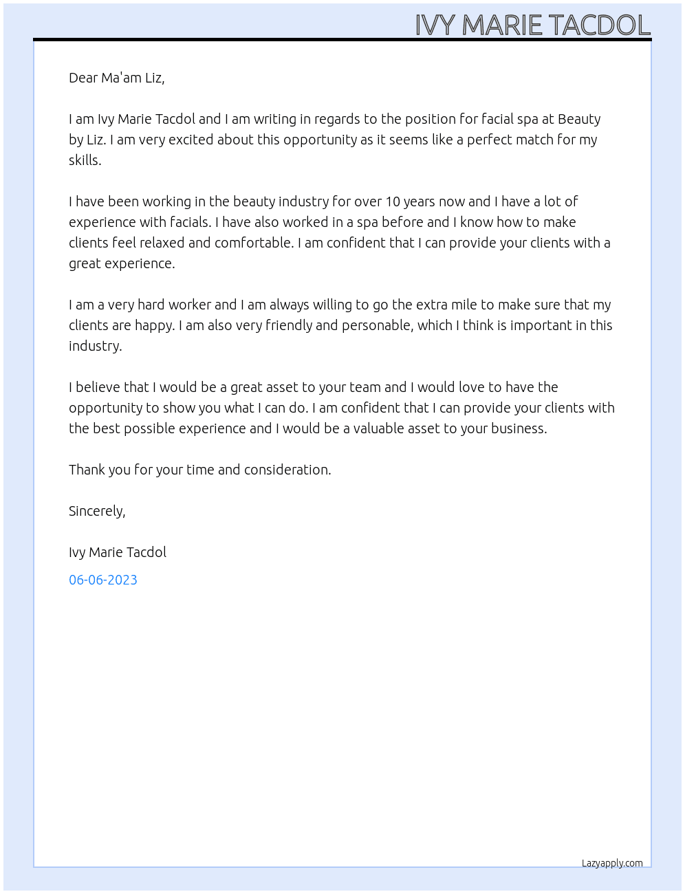 facial spa At Beauty by Liz Cover Letter