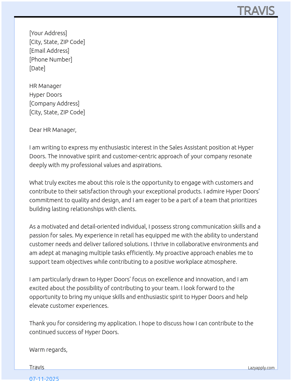 Sales Assistant  At Hyper Doors Cover Letter