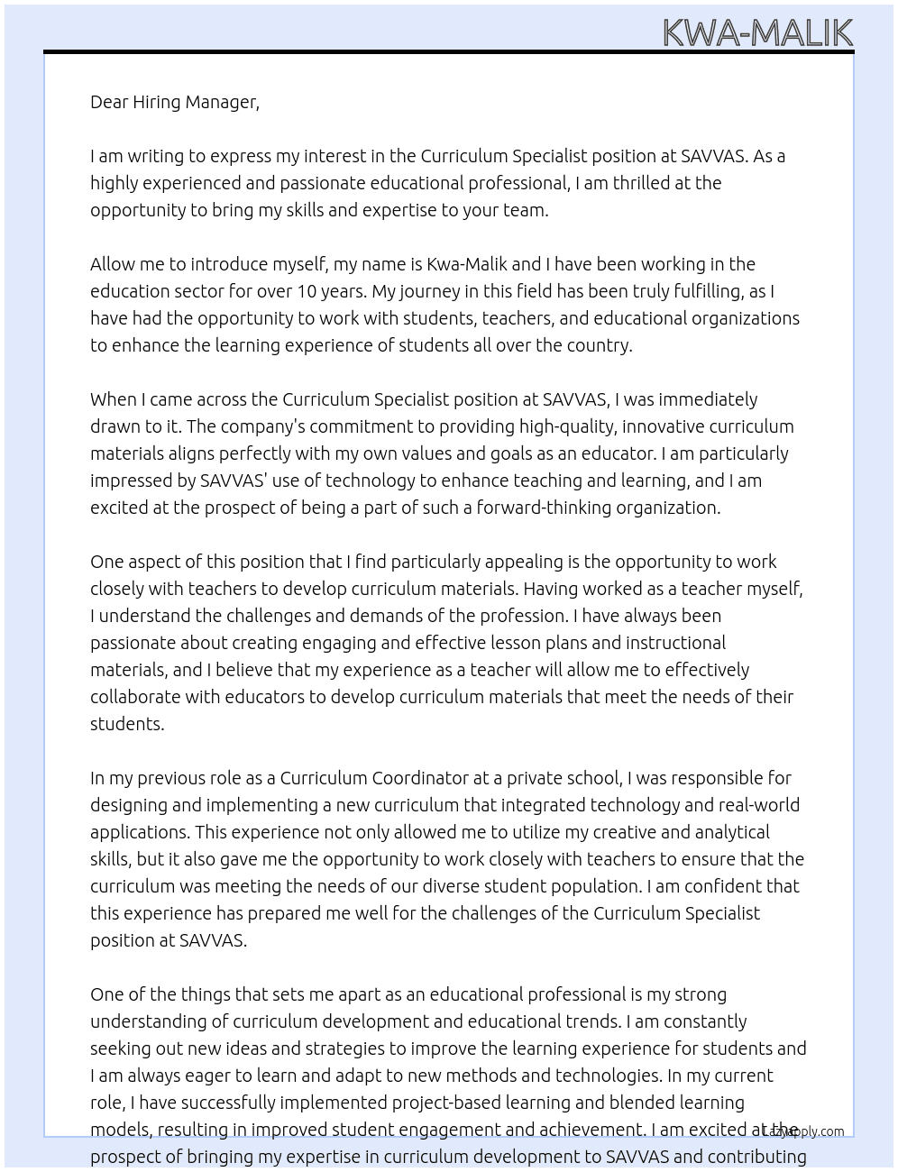 Curriculum Specialist At SAVVAS Cover Letter