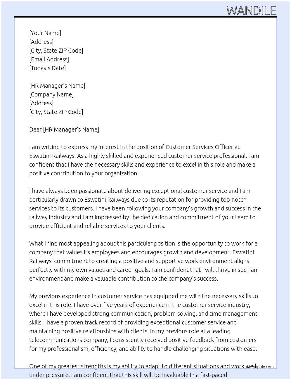 Customer Services Officer At Eswatini Railways Cover Letter