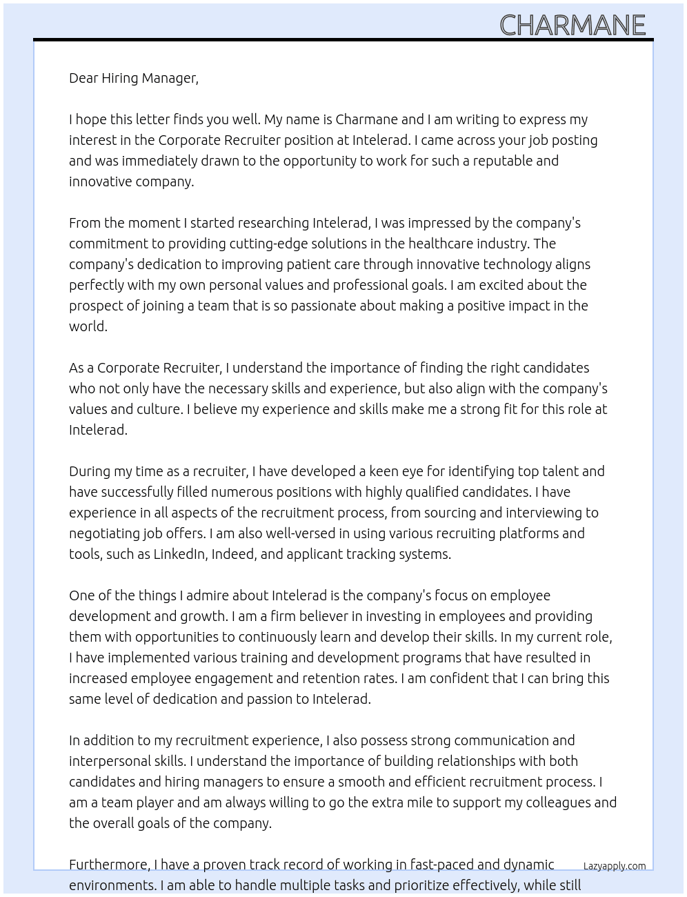 Corporate Recruiter At Intelerad Cover Letter