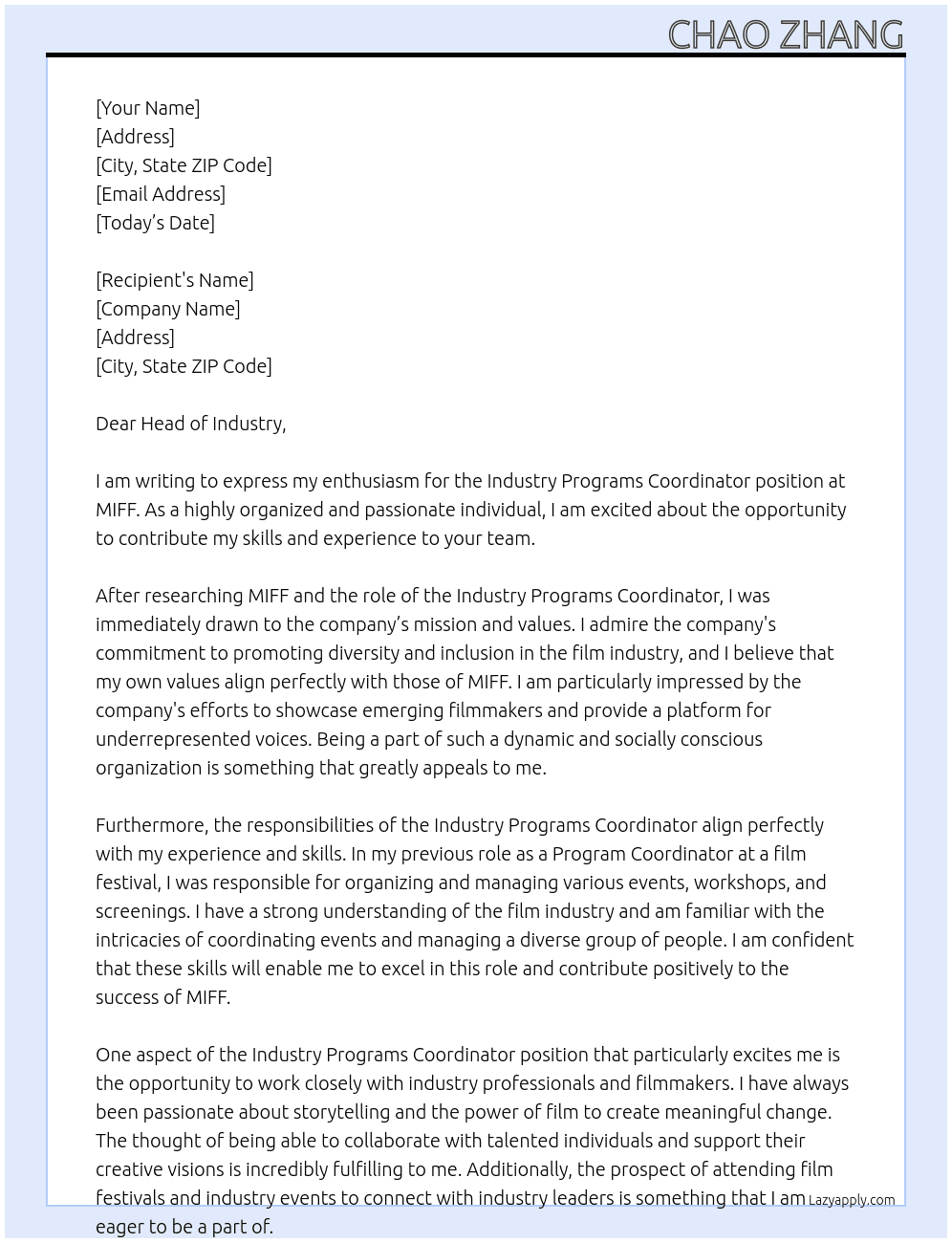 Industry Programs Coordinator At MIFF Cover Letter
