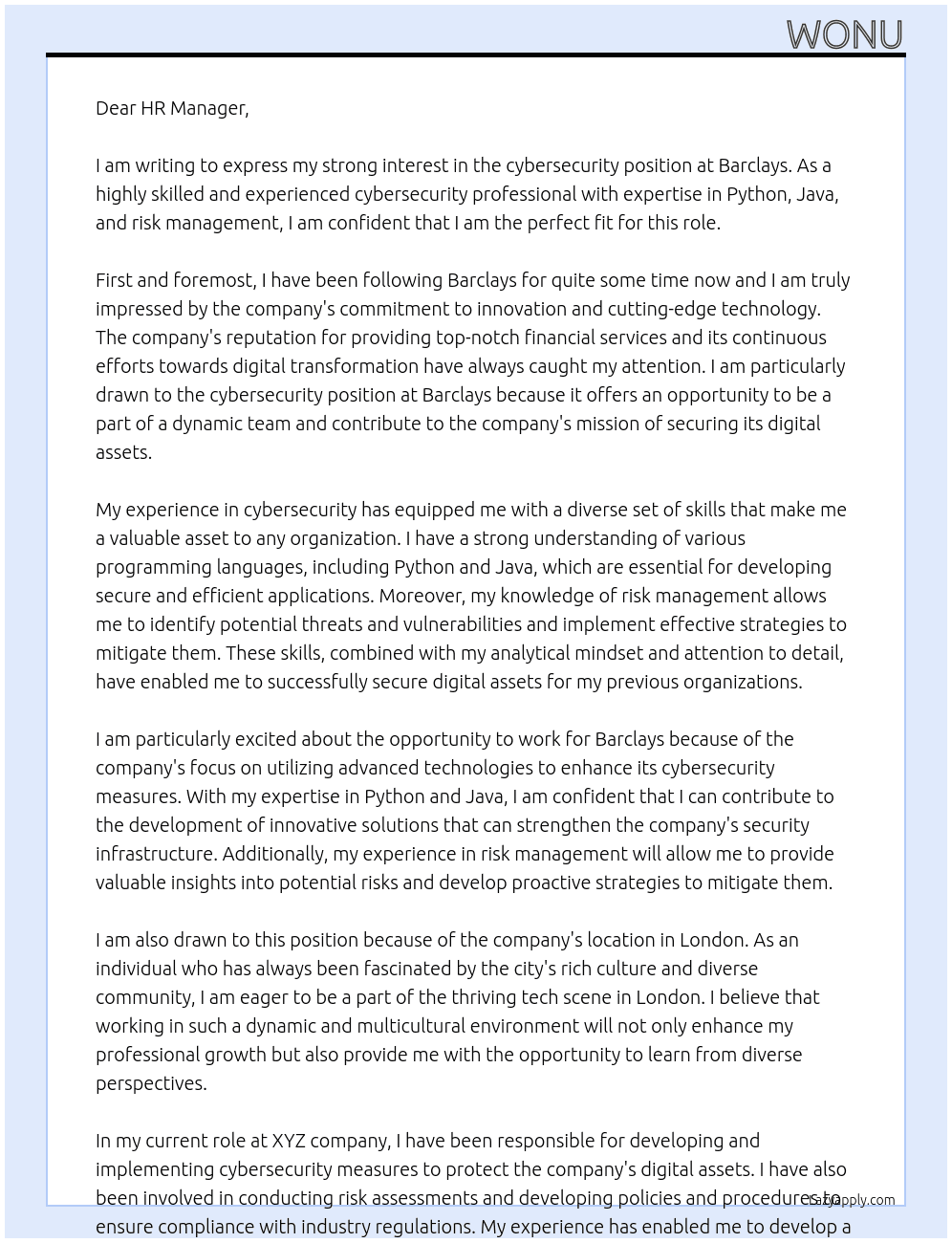 cybersecurity At Barclays Cover Letter