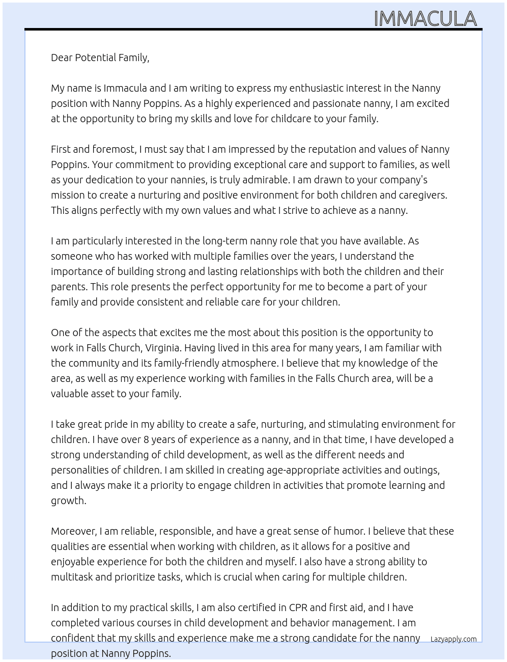 Nanny At Nanny Poppins Cover Letter