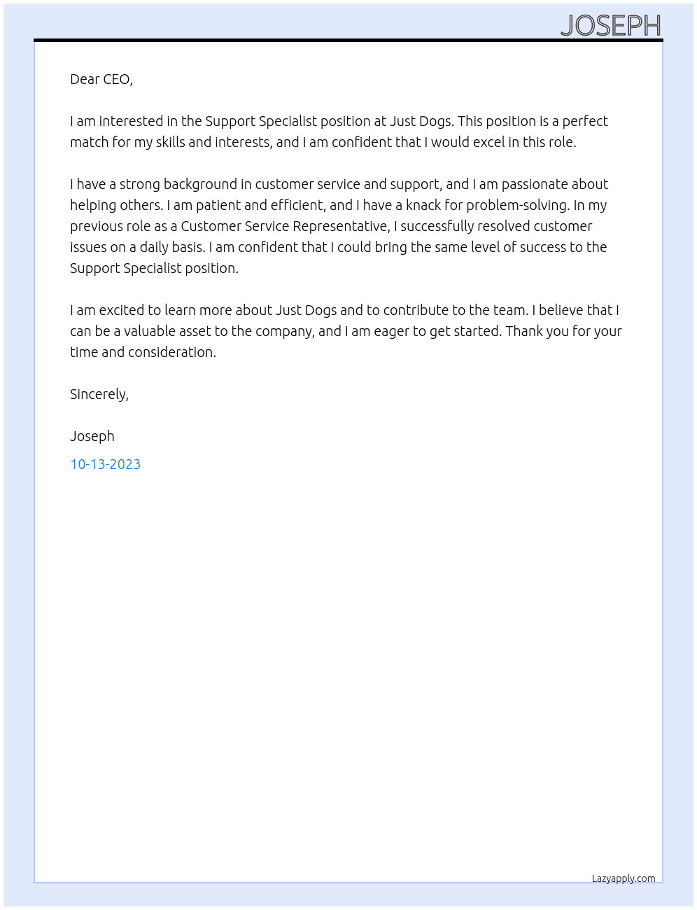 Support Specialist At Just Dogs Cover Letter
