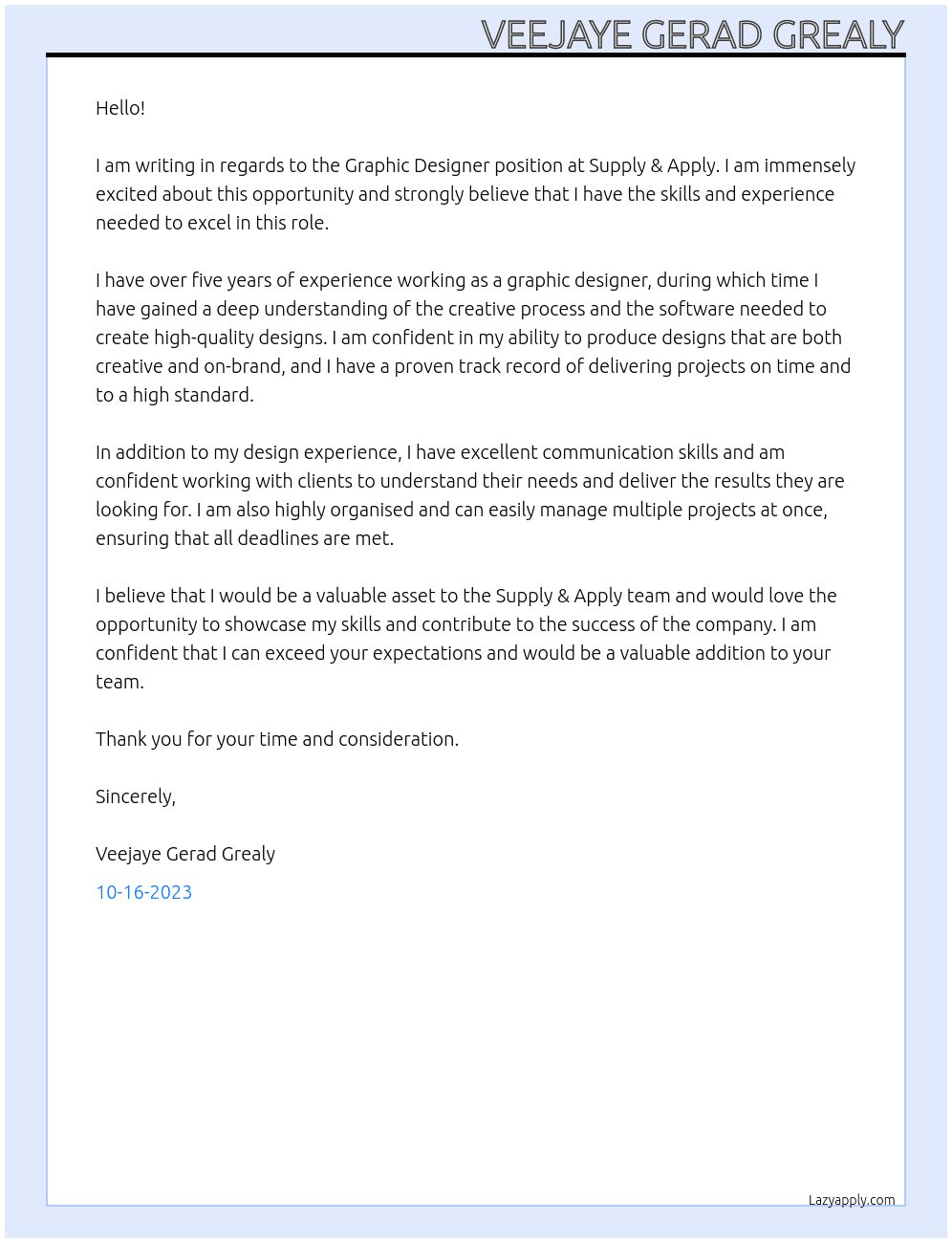 Graphic Designer At Supply & Apply Cover Letter