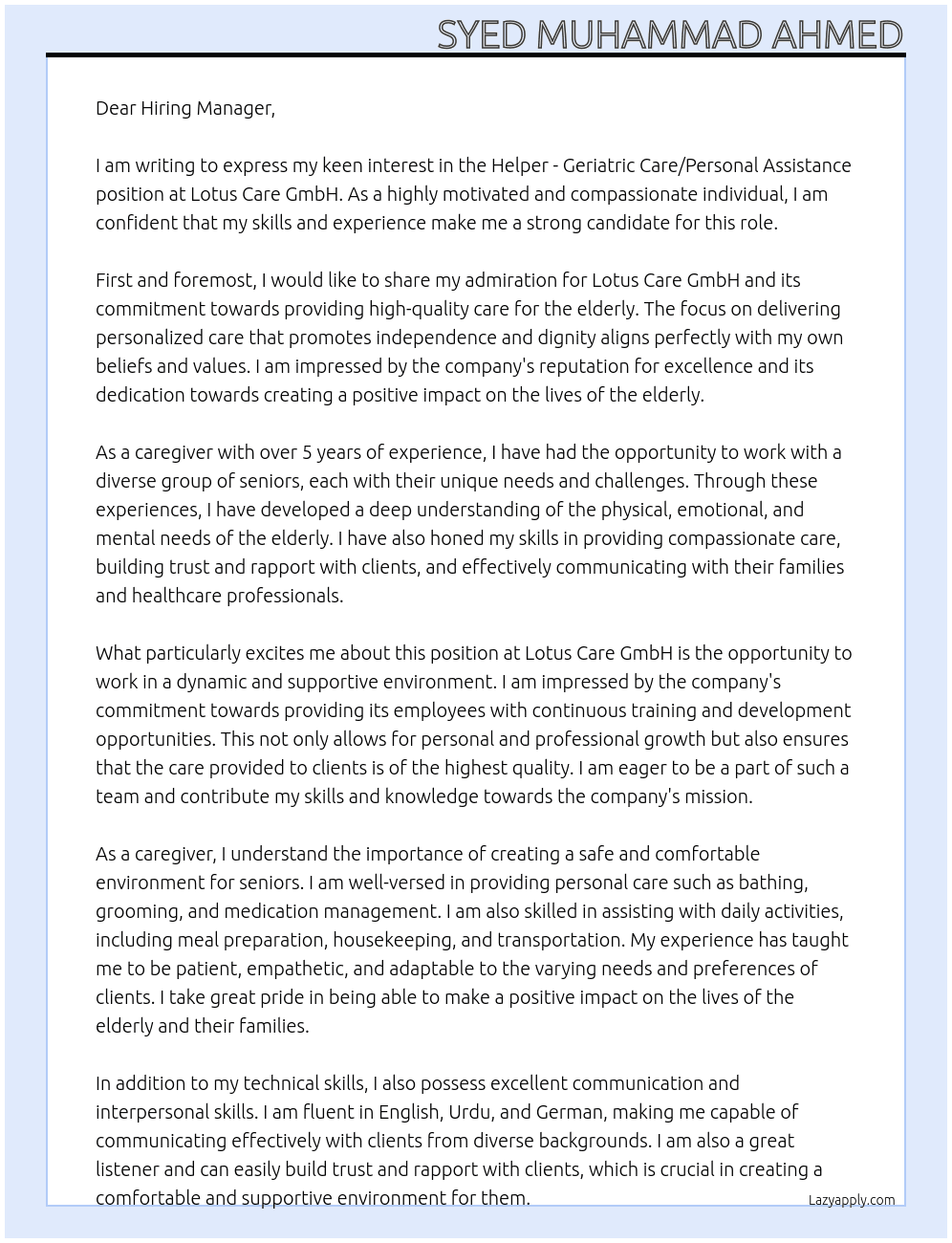 Helper - geriatric care/personal assistance At Lotus Care GmbH Cover Letter