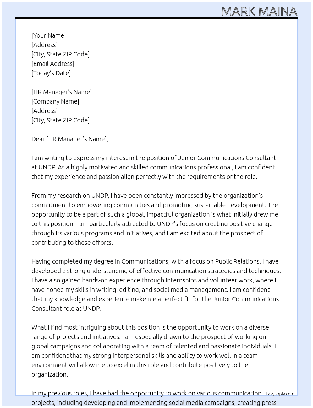 Cover letter for junior communications consultant - LazyApply