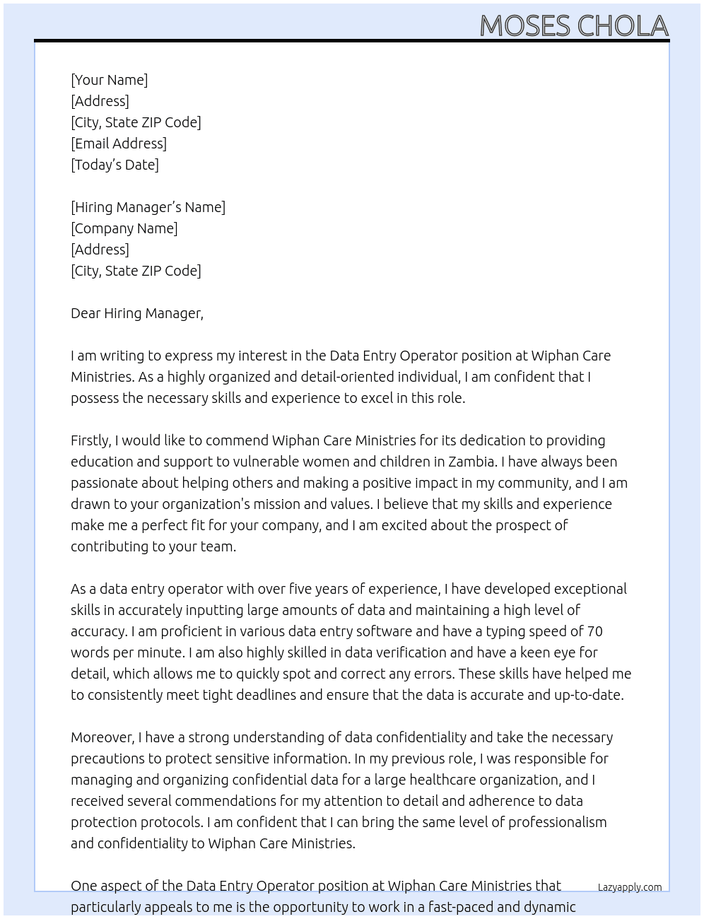 Data Entry Operator At Wiphan Care Ministries Cover Letter