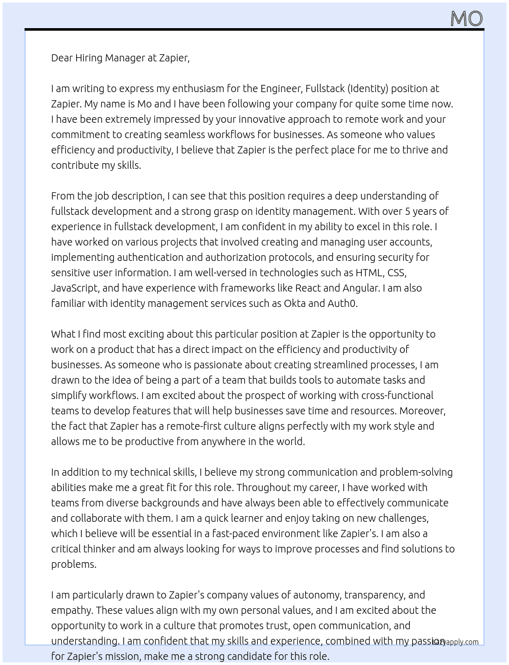 Engineer, Fullstack (Identity) At Zapier Cover Letter