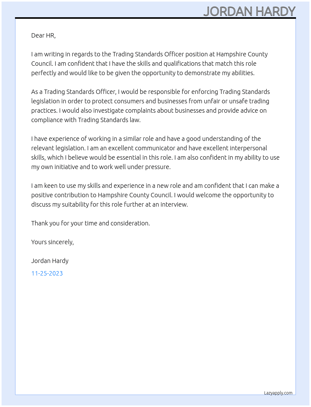 Trading Standards Officer At Hampshire County Council  Cover Letter