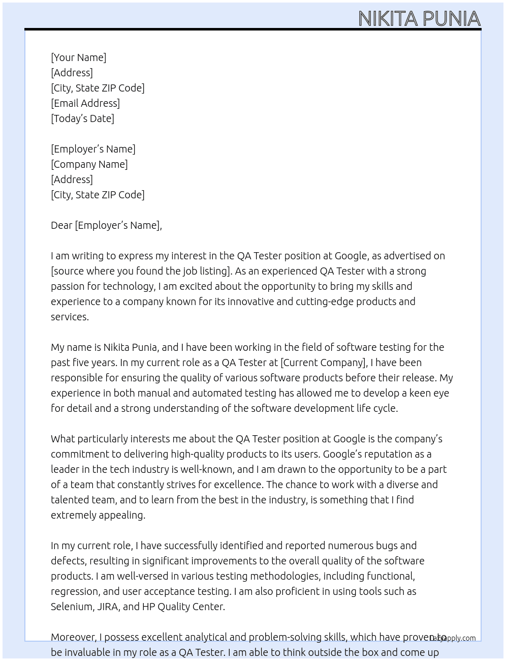 QA Tester At google Cover Letter