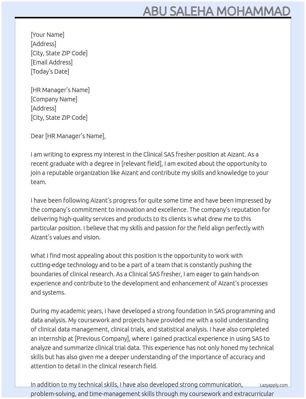 Clinical SAS fresher At Aizant Cover Letter