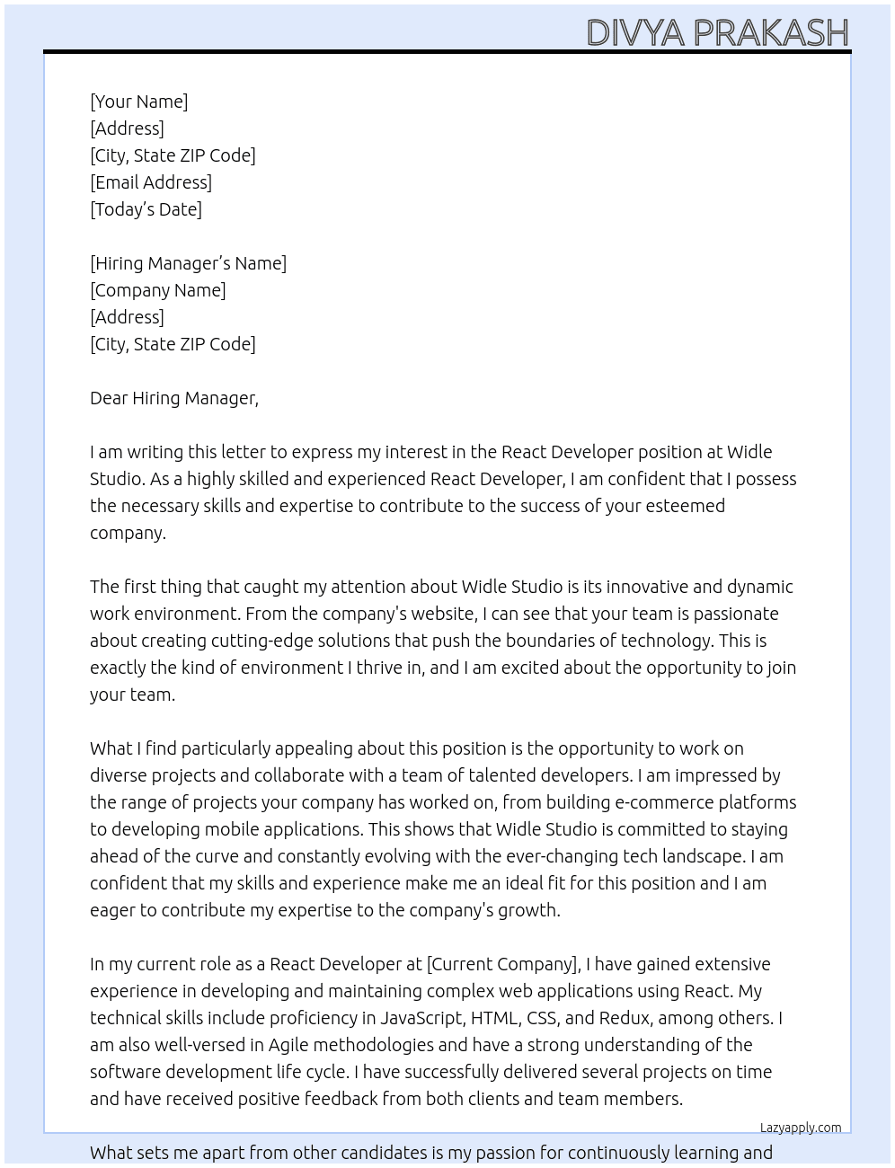React Developer At Widle Studio Cover Letter