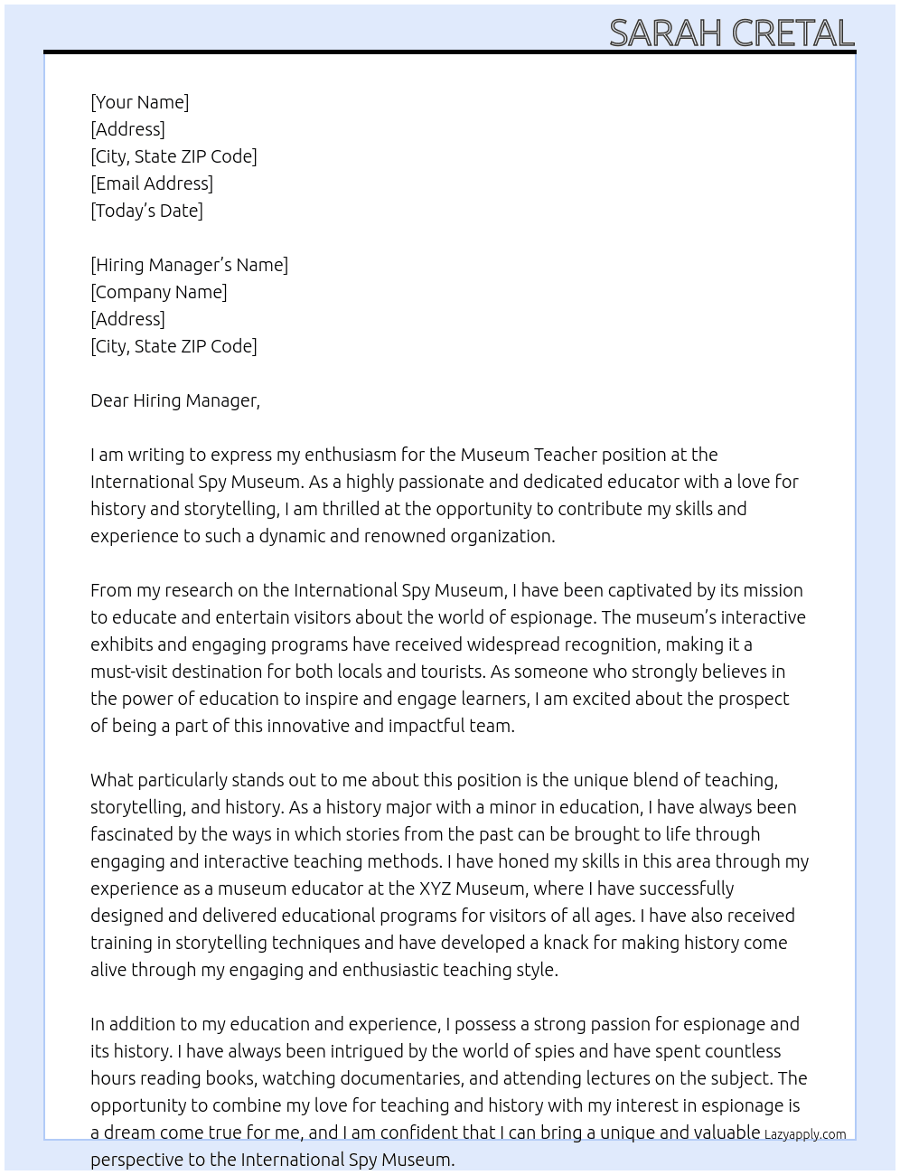 Museum Teacher At International Spy Museum Cover Letter