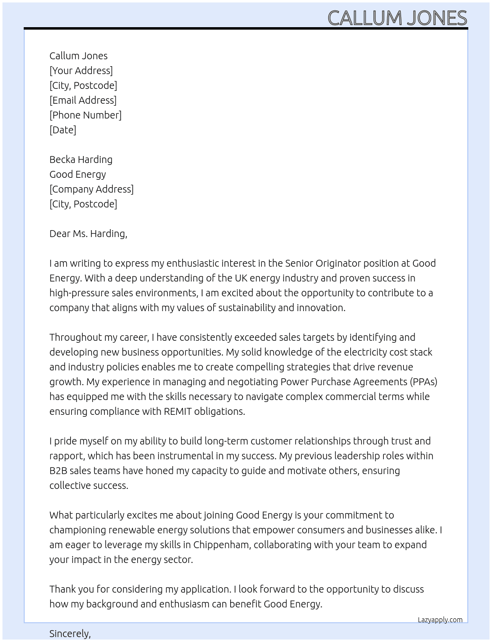 Senior Originator At Good Energy Cover Letter