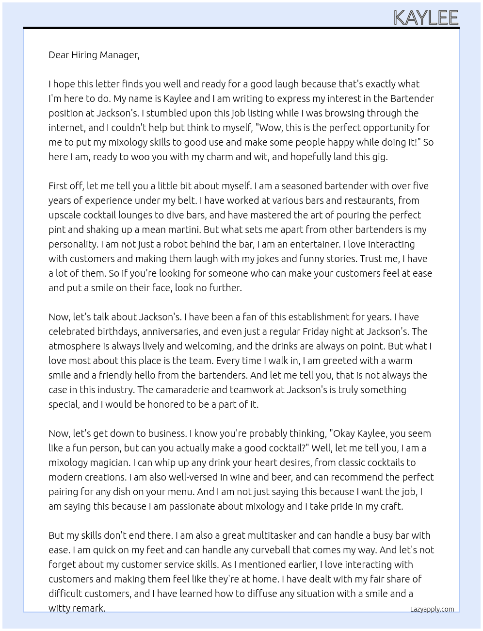 Bartender At Jackson's Cover Letter