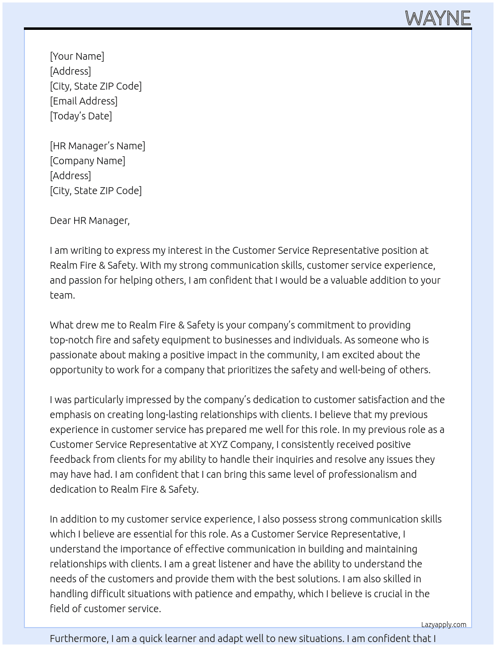 Customer Service Representative  At Realm Fire & Safety  Cover Letter