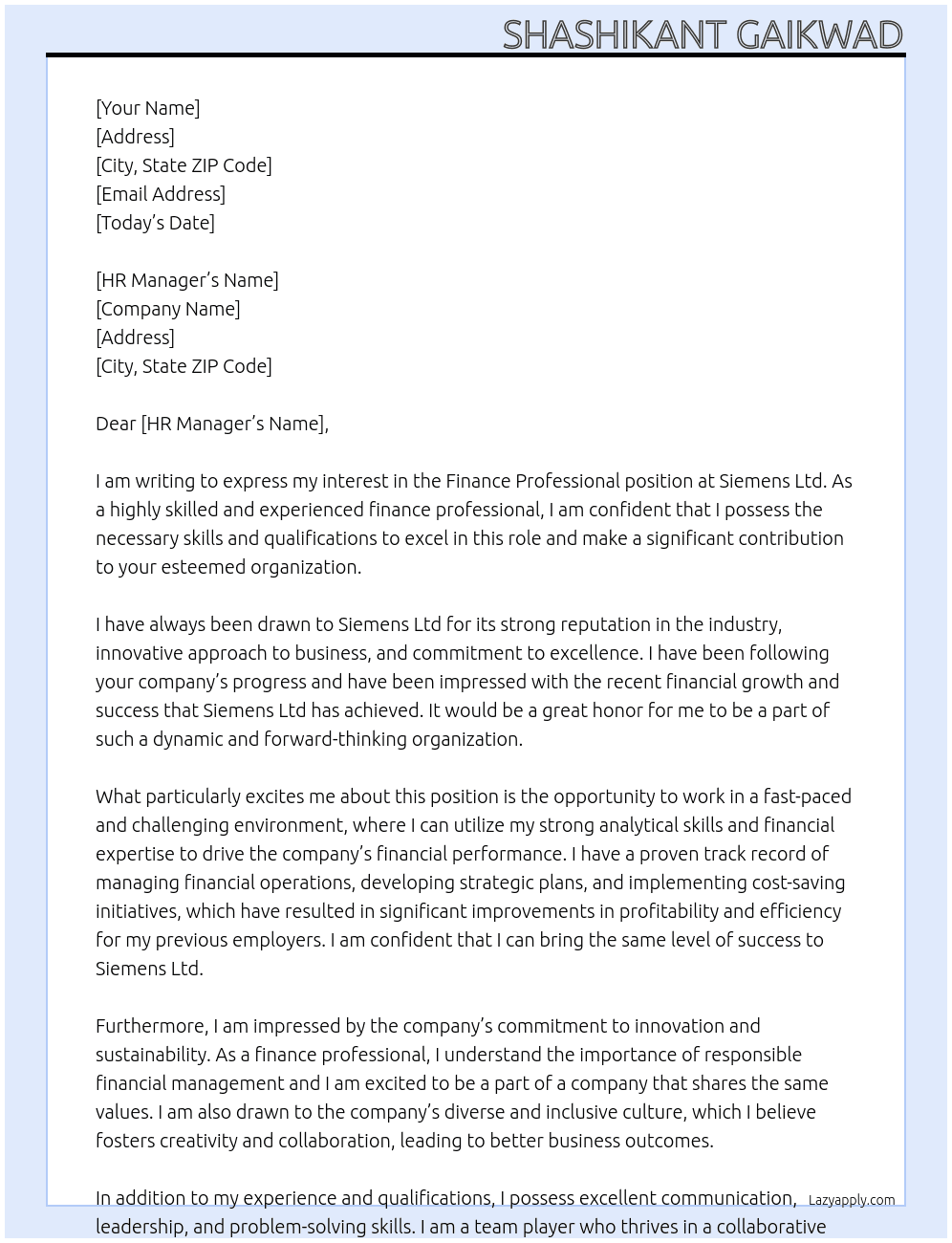 finance professional At siemens ltd Cover Letter