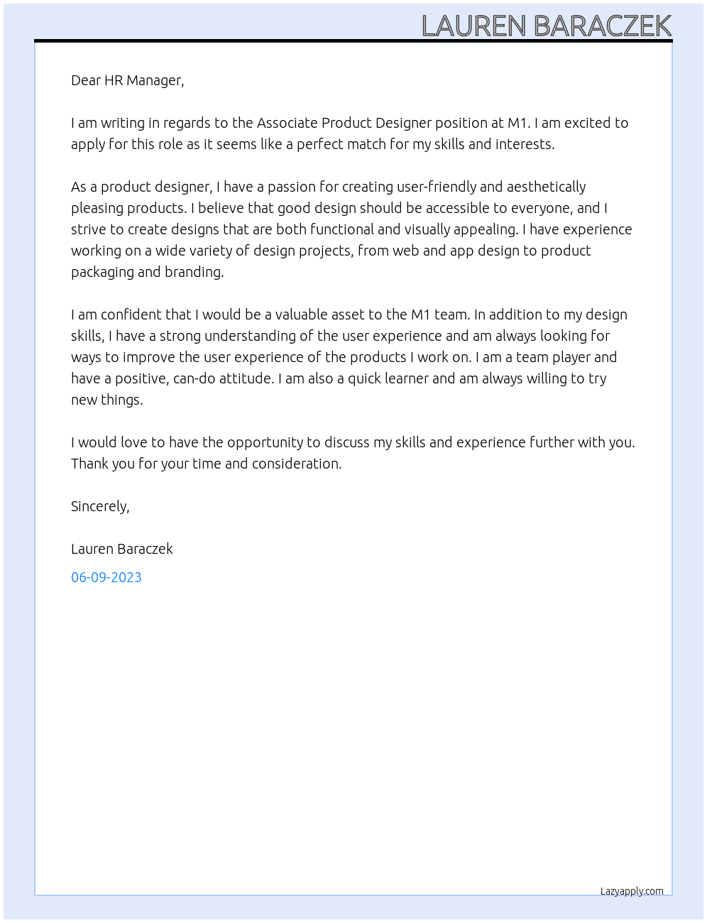 Associate Product Designer At M1 Cover Letter