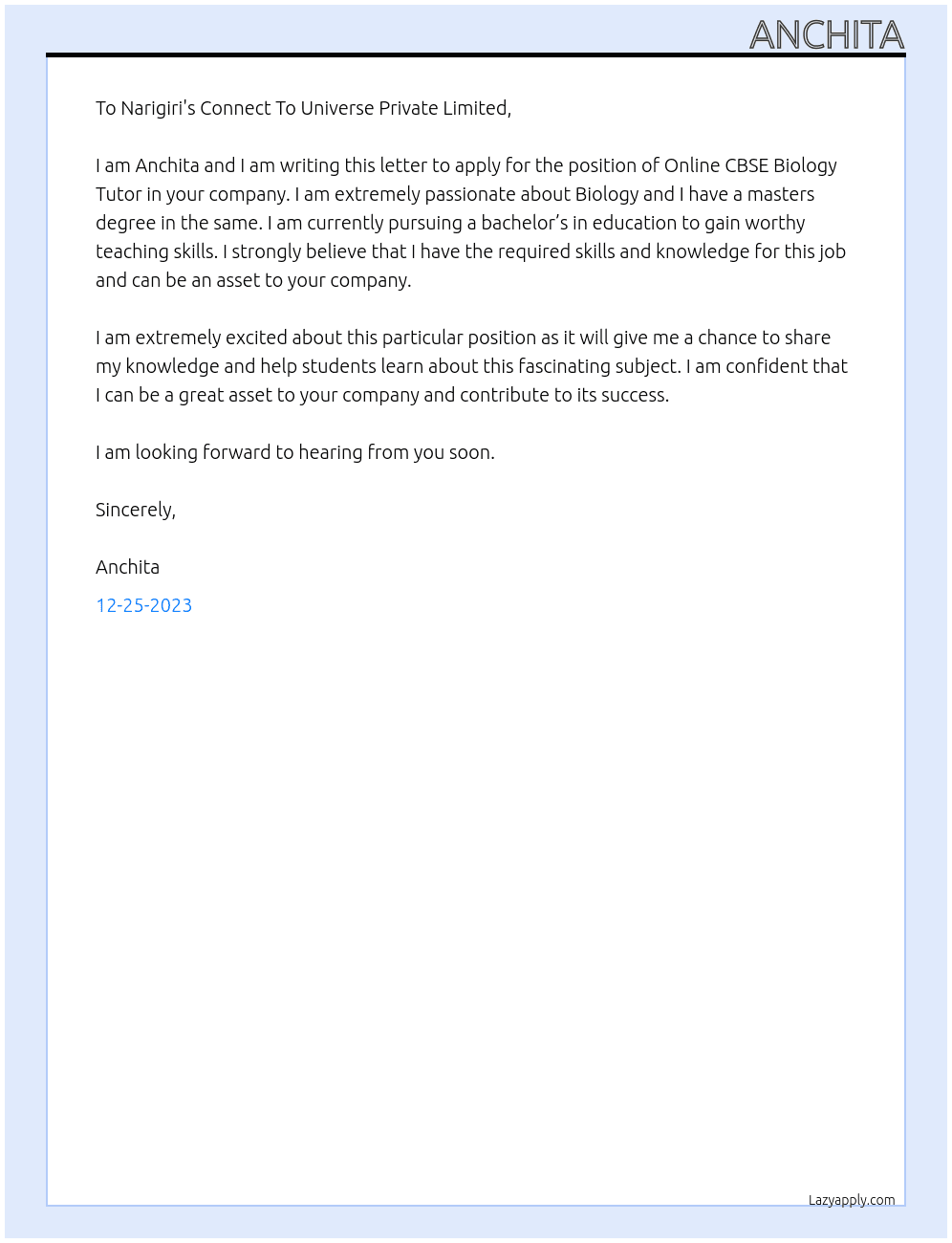 Online CBSE Biology Tutor At Narigiri's Connect To Universe Private Limited Cover Letter