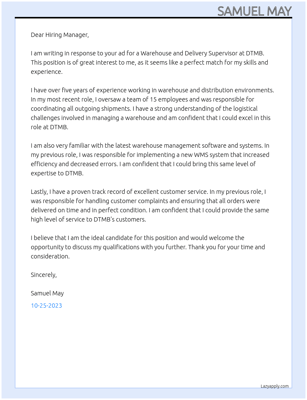 Warehouse and delivery supervisor  At DTMB Cover Letter