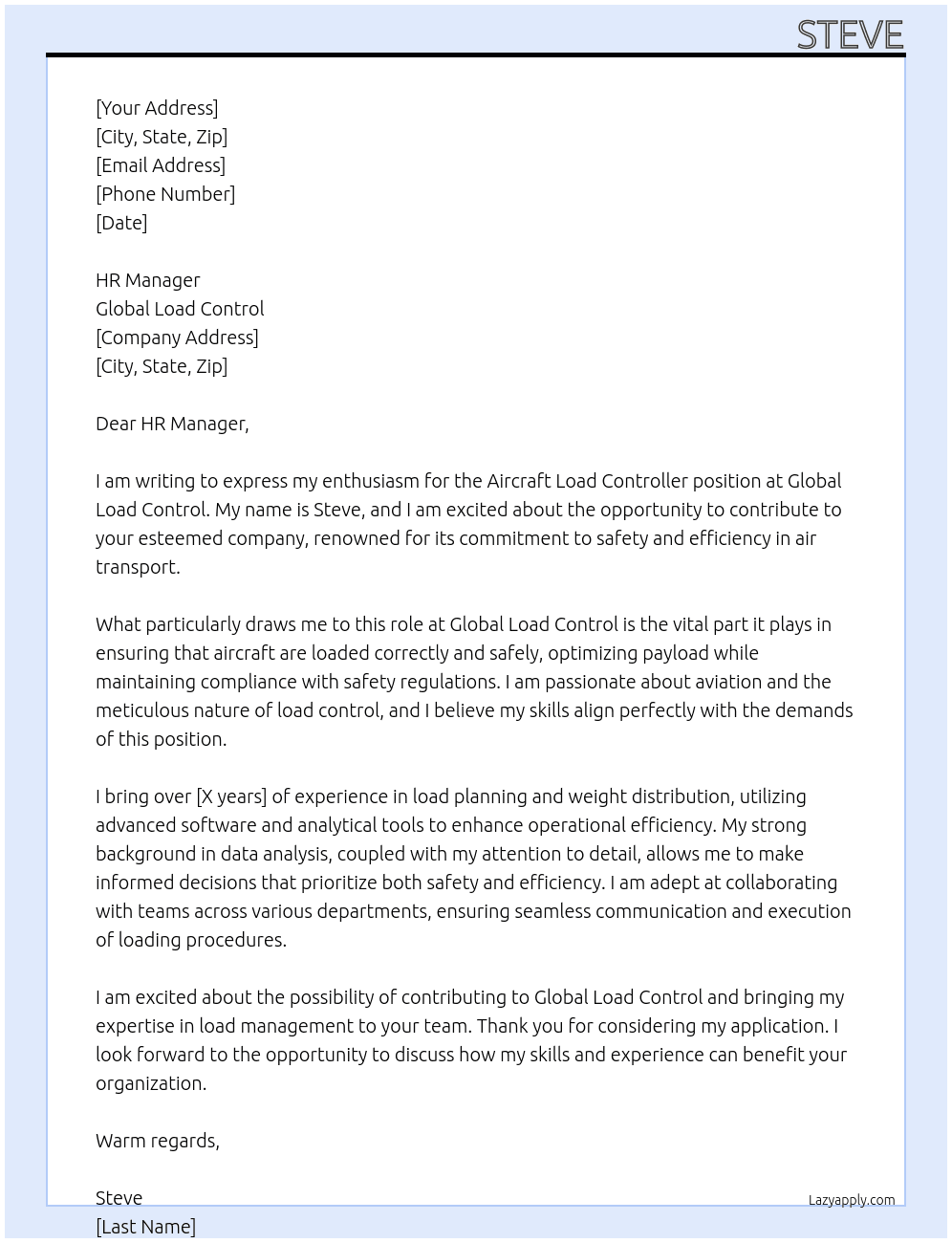 Cover letter for aircraft loadcontroller - LazyApply