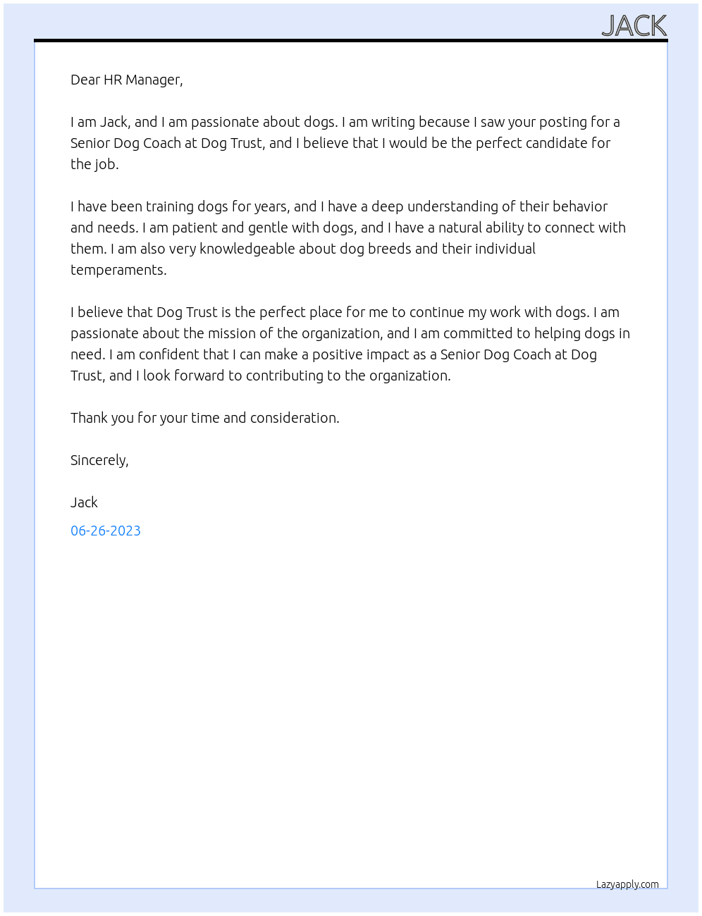 Senior Dog Coach  At Dog Trust Cover Letter