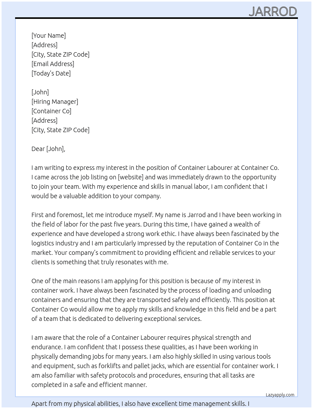 Container labourer  At Container co Cover Letter