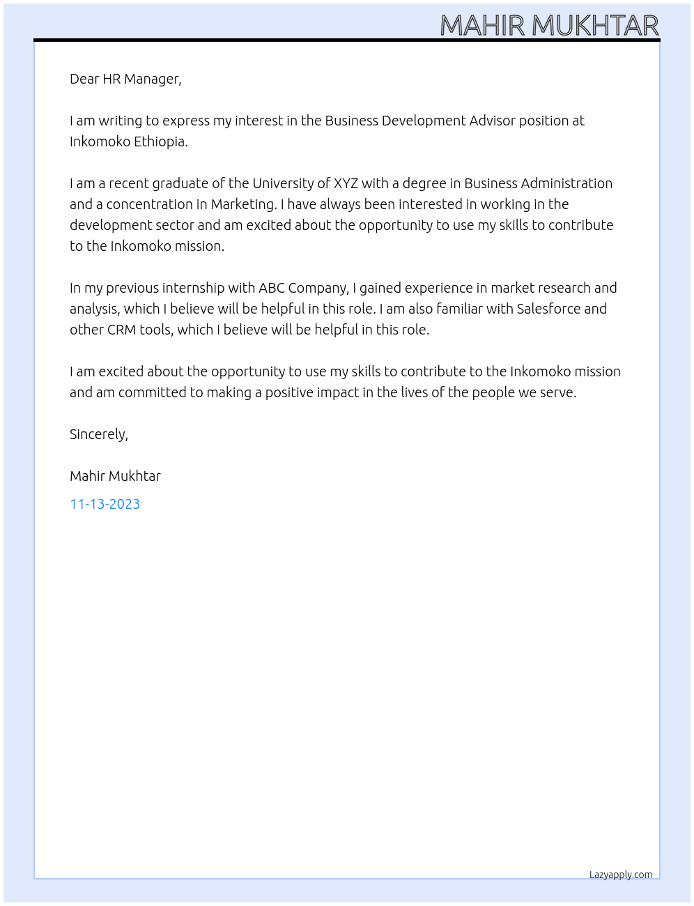 Business Development Advisor At Inkomoko Ethiopia Cover Letter