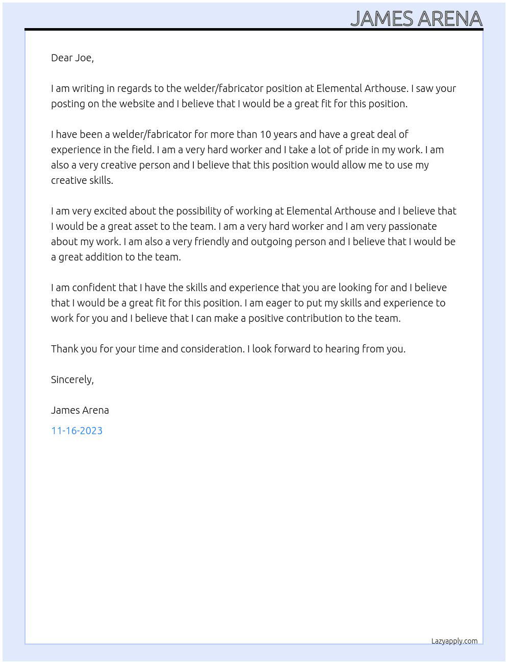 welder/fabricator At Elemental Arthouse Cover Letter