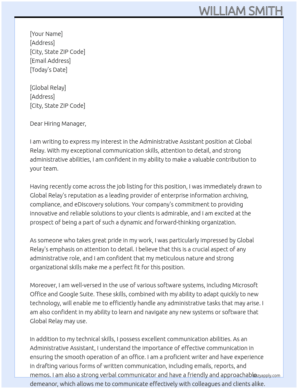 Administrative Assistant At Global Realy Cover Letter