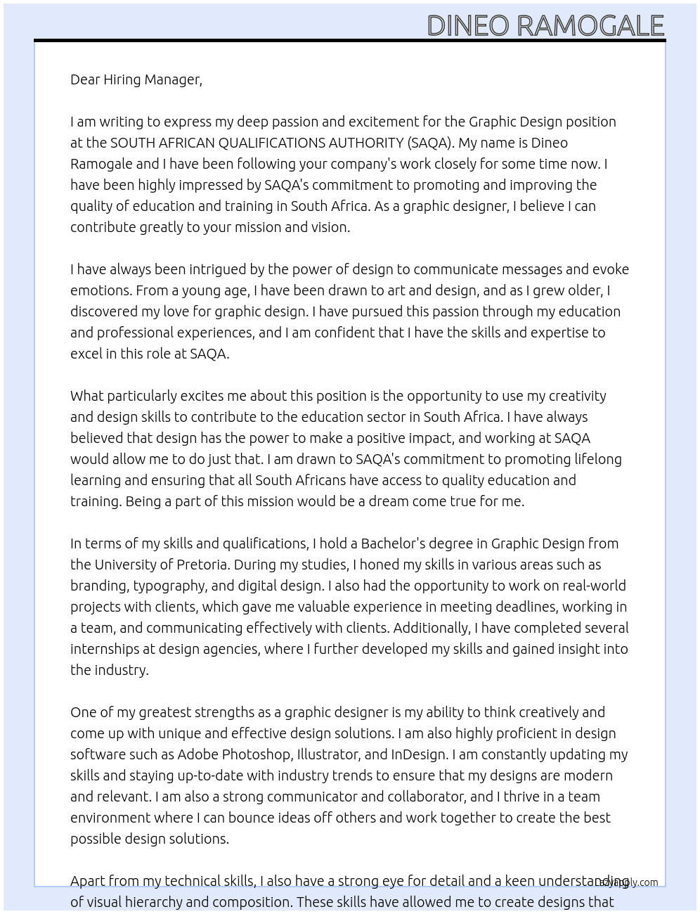 Graphic Design At SOUTH AFRICAN QUALIFICATIONS AUTHORITY (SAQA) Cover Letter