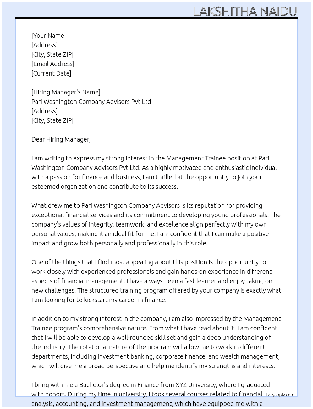 Management Trainee At Pari Washington Company Advisors Pvt Ltd Cover Letter