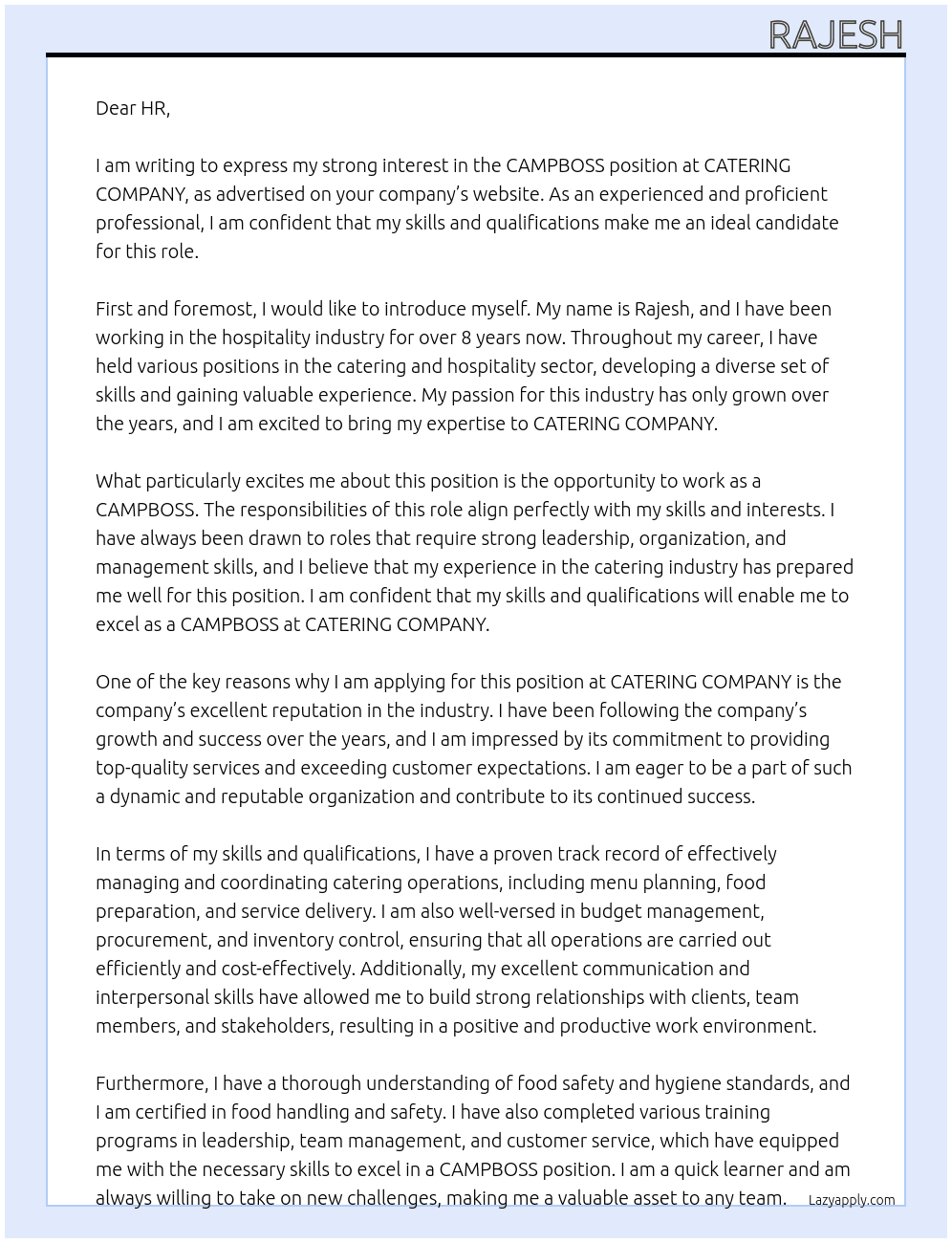 CAMPBOSS At CATERING COMPANY Cover Letter