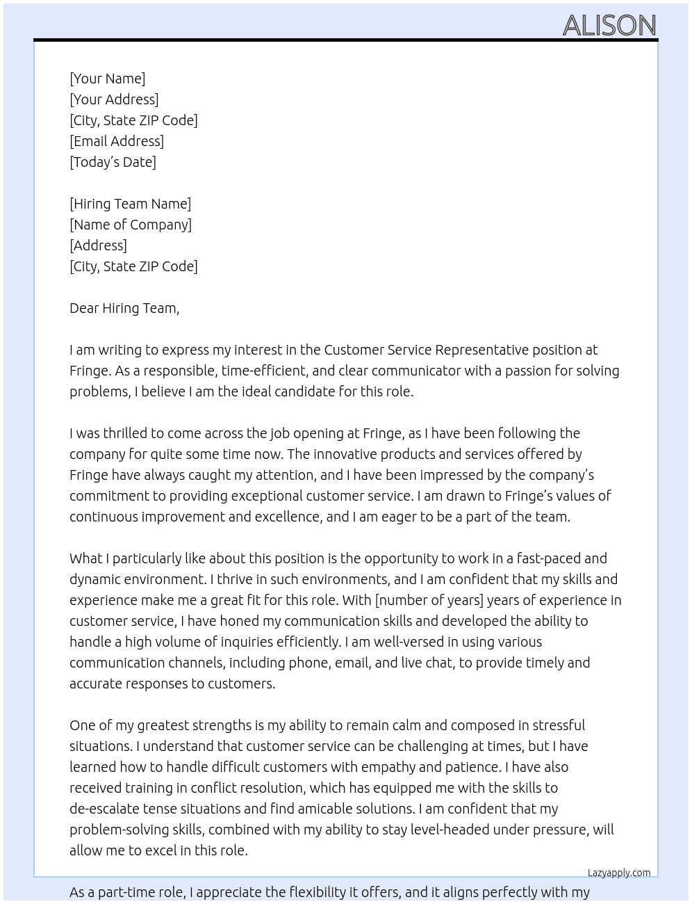 Customer service representative  At Fringe Cover Letter
