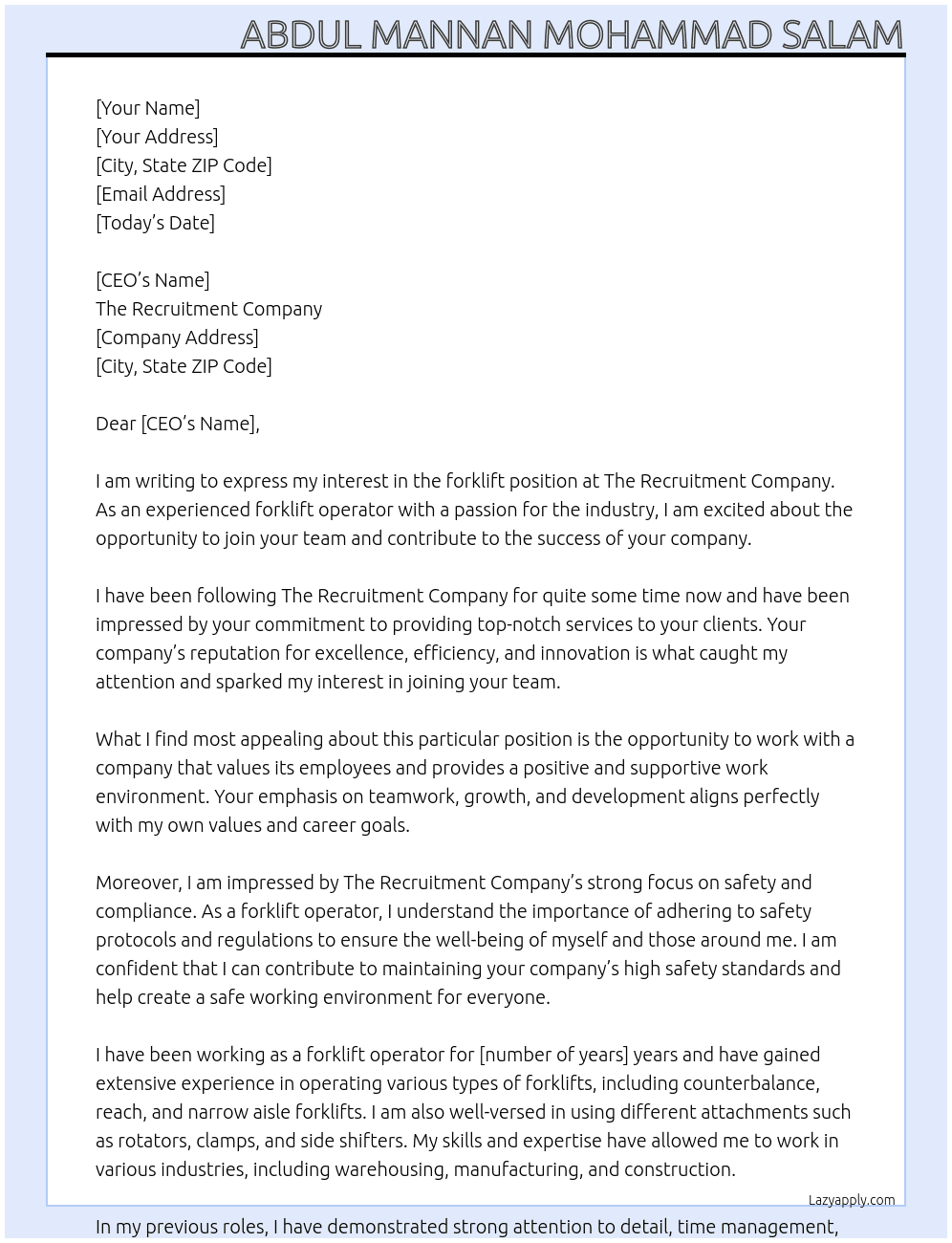 forklift At THE RECRUITMENT COMPANY Cover Letter