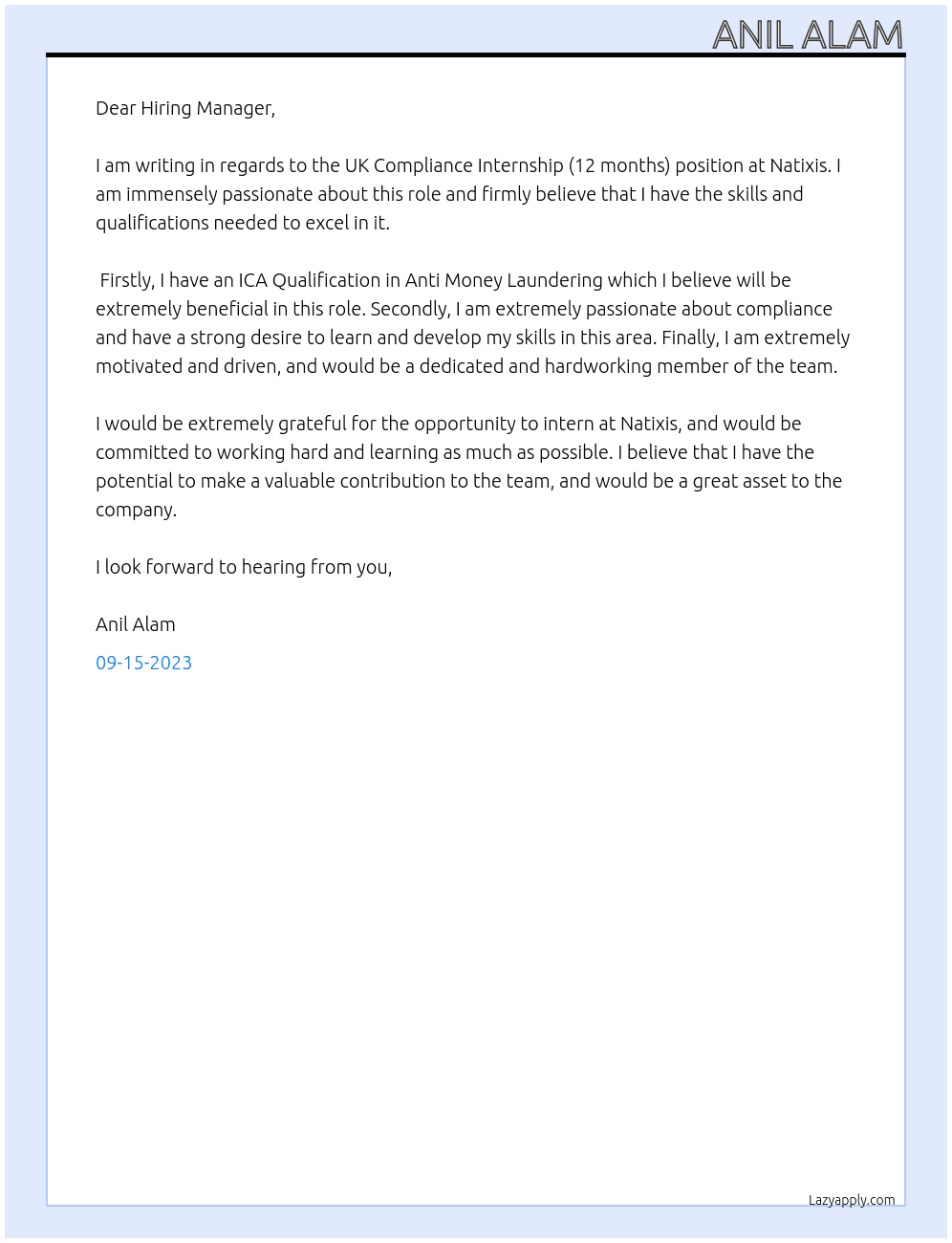 UK Compliance Internship (12 months) At Natixis Cover Letter