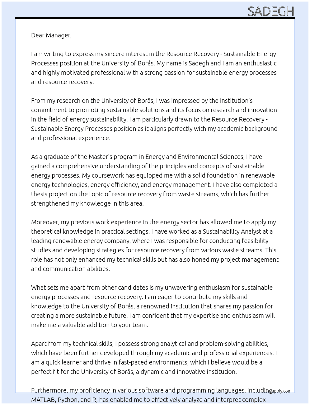 Resource Recovery - Sustainable Energy Processes At UNIVERSITY OF BORÅS Cover Letter
