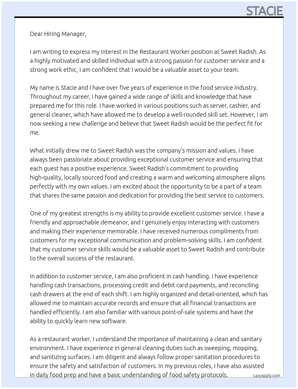 Restaurant worker At Sweet Radish  Cover Letter